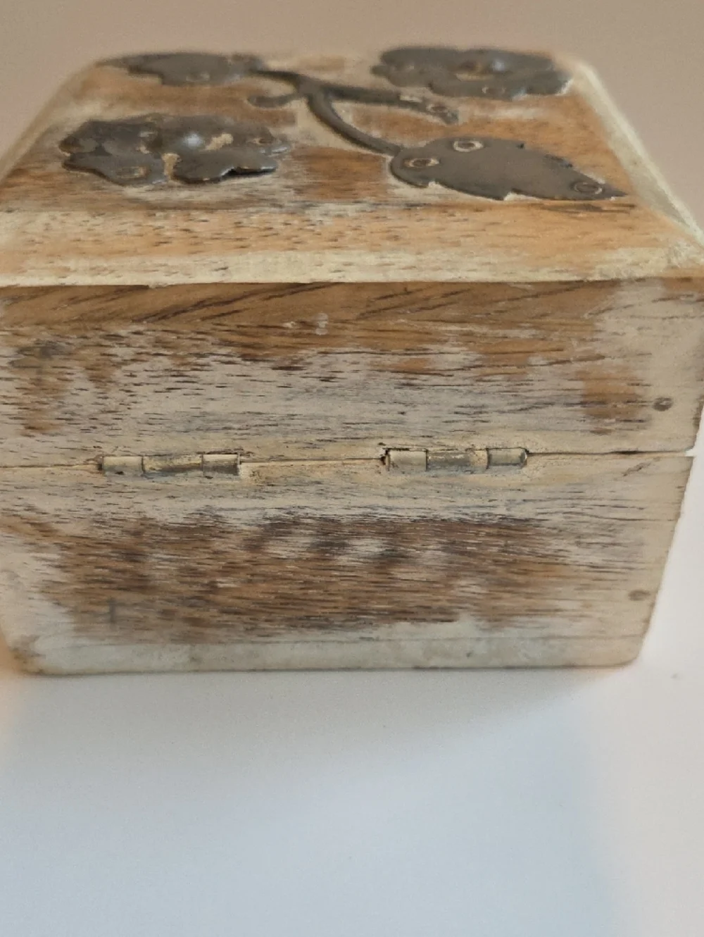 Distressed Whitewashed Wood Jewelry Box with Metal Floral Accents